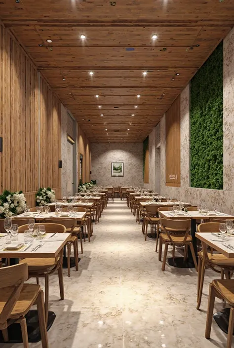 Interior design for a popular restaurant, with seating on the floor, each seat separate from the other, and the walls have a marble alternative, wood alternative, and decorative grass, and it is in the Yemeni Marble style.