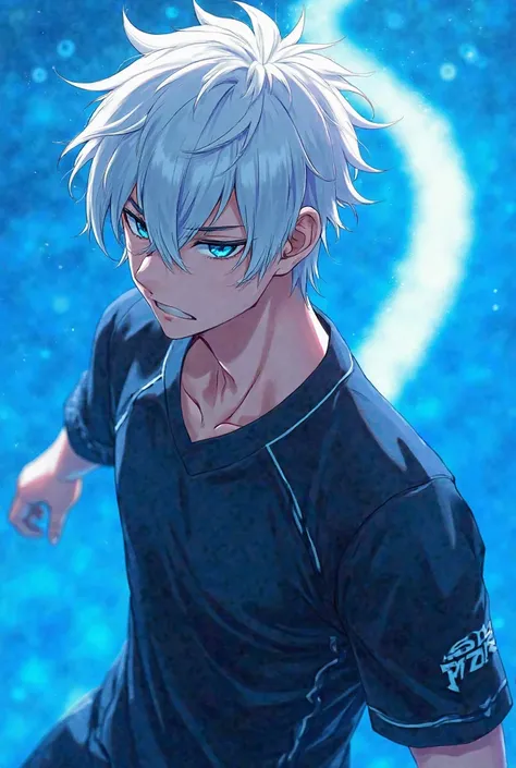 Make an anime man with bright blue eyes and with white hair And the blue background and with a black team jersey 