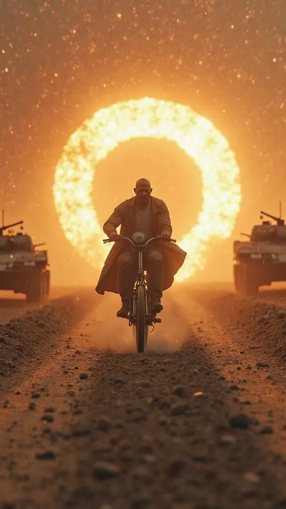 A glowing portal of light emerges in the middle of the dirt road, as The Rock accelerates towards him. The surrounding scenery still has the aesthetics of World War II,  with tanks and soldiers in the background ."