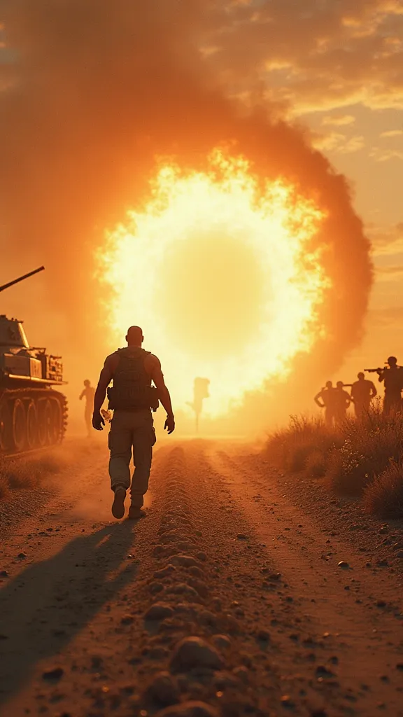 A glowing portal of light emerges in the middle of the dirt road, as The Rock accelerates towards him. The surrounding scenery still has the aesthetics of World War II,  with tanks and soldiers in the background ."