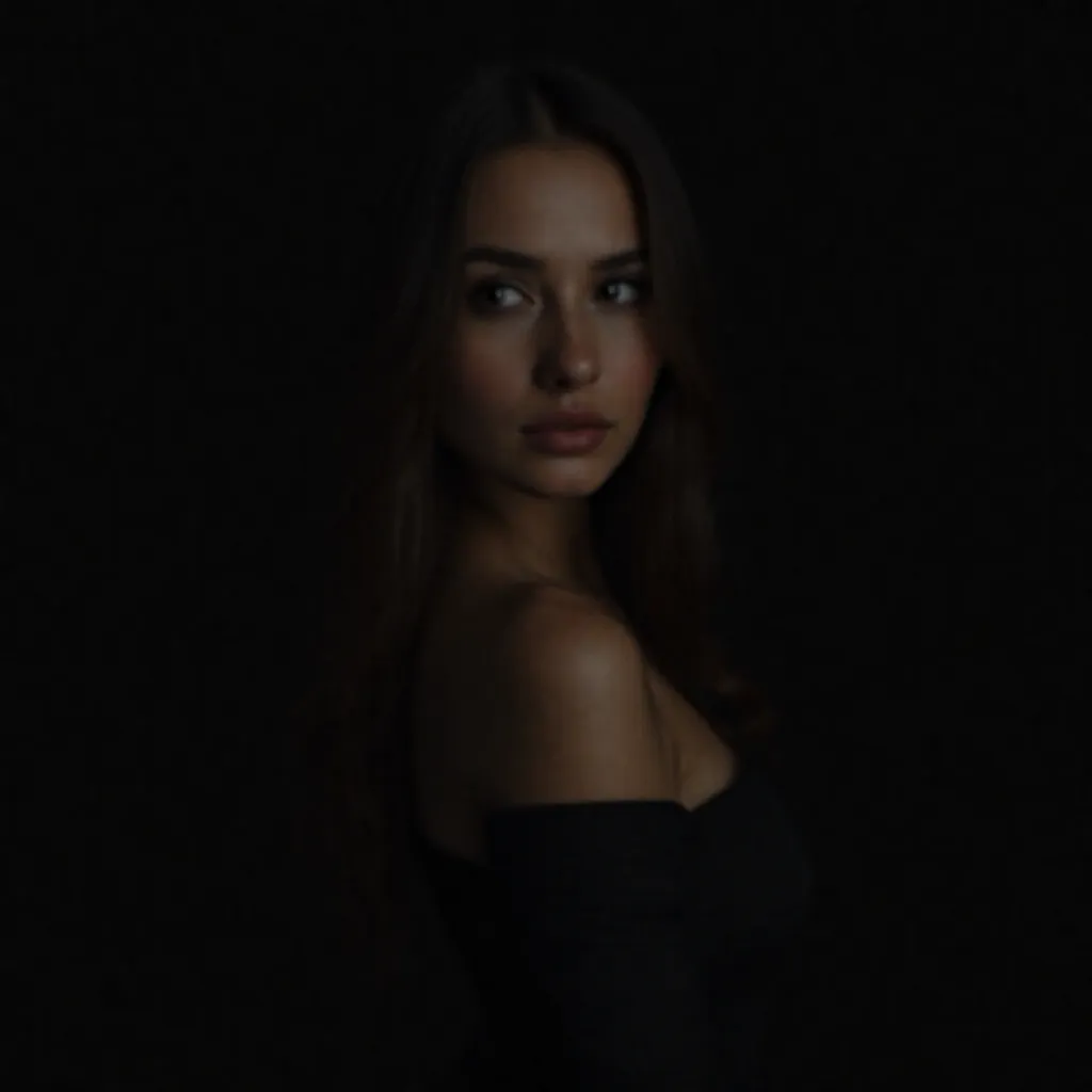 t-shirt, Masterpiece, ultra high resolution, (Photorealistic:1.4),  RAW photo, 1 girl,  off the shoulder ,  in the dark , Deep shadow, LOW,  portrait of a beautiful woman, detailed face, serene expression, elegant pose,  long, silky hair , clear and radian...