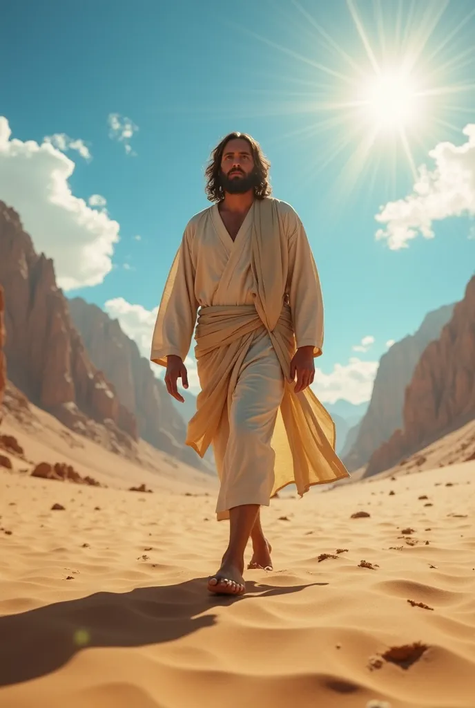 jesus Cristo em primeiro plano, Walking in the desert, in high definition 8K Ultra HD. he is very close to the camera, With his eyes fixed forward, conveying an expression of determination and serenity. The background features majestic mountains under a br...