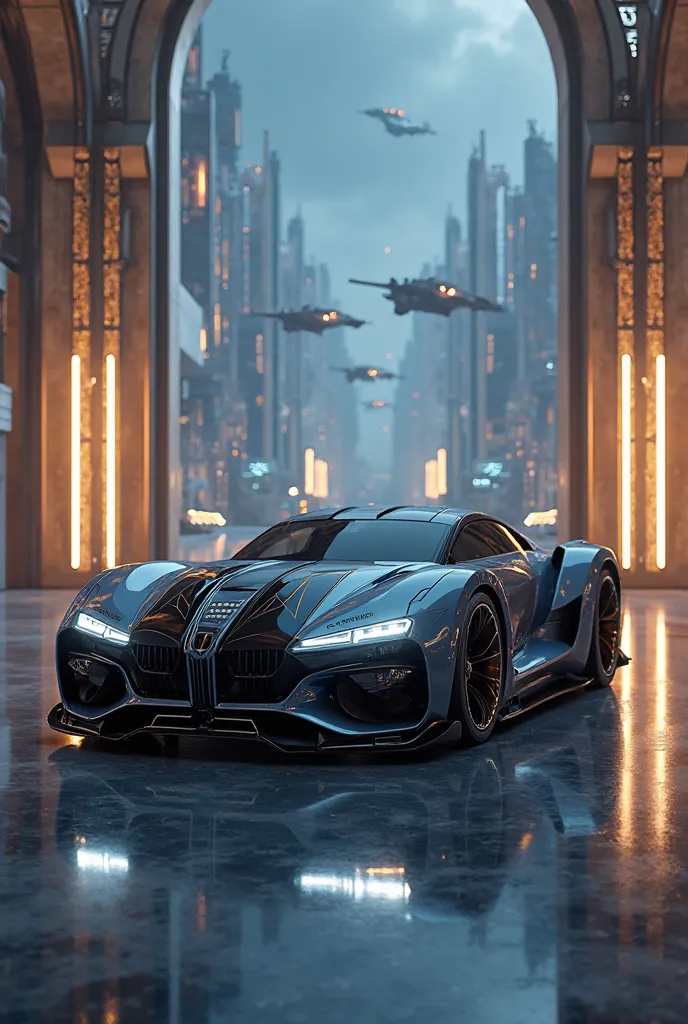  realistic photo, futuristic concept car, Volkswagen Beetle,  aggressive body kit , lobby of a futuristic palace with unimaginable technologies, Serene night and ships in the background