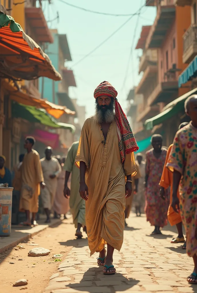 Generate a image about a somali man walking down street 