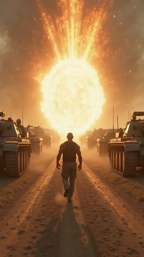 A glowing portal of light emerges in the middle of the dirt road, as The Rock accelerates towards him. The surrounding scenery still has the aesthetics of World War II,  with tanks and soldiers in the background ."