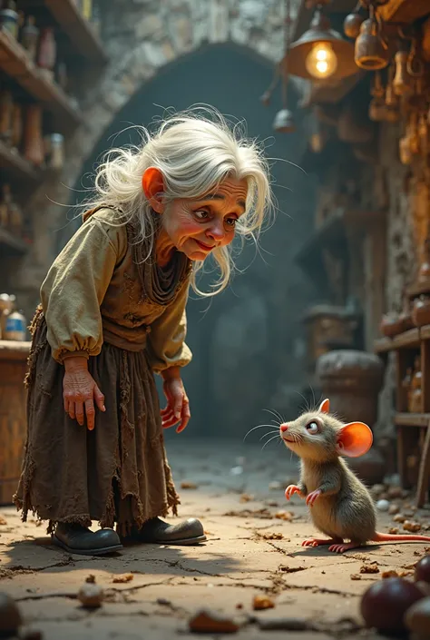 A tavern  ,A drunken old woman  , vêtements en lambeaux ,  torn, , Funny Pixar humor full body talking with a disheveled little mouse 