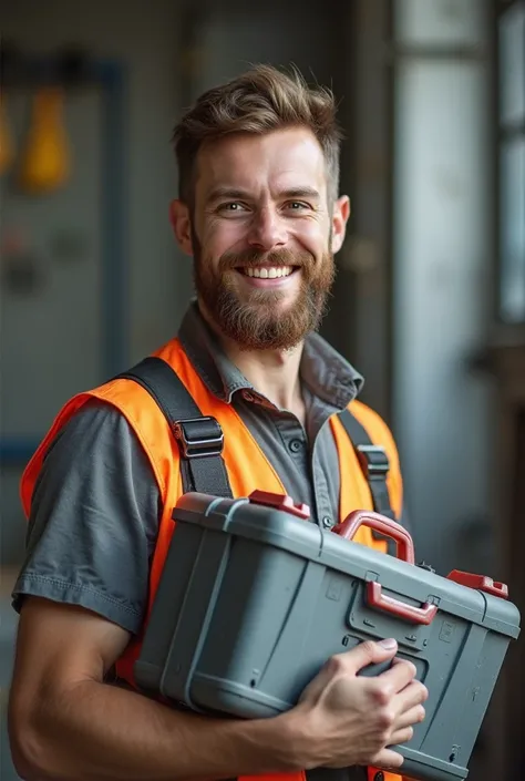 A young and friendly electrical engineer with a well-groomed beard, standing close to the camera, holding a sturdy toolbox. He has a warm smile and wears appropriate work attire, including a safety vest or uniform. The background subtly suggests a worksite...