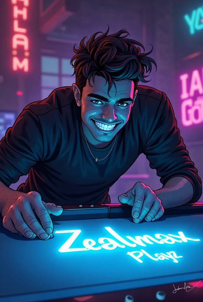 Here’s the updated prompt with a darker, slightly more cartoonish feel while maintaining a touch of realism:

Prompt:
"A dark-themed gaming room with subtle neon lighting that creates a moody, dramatic atmosphere. The scene features a male character with s...