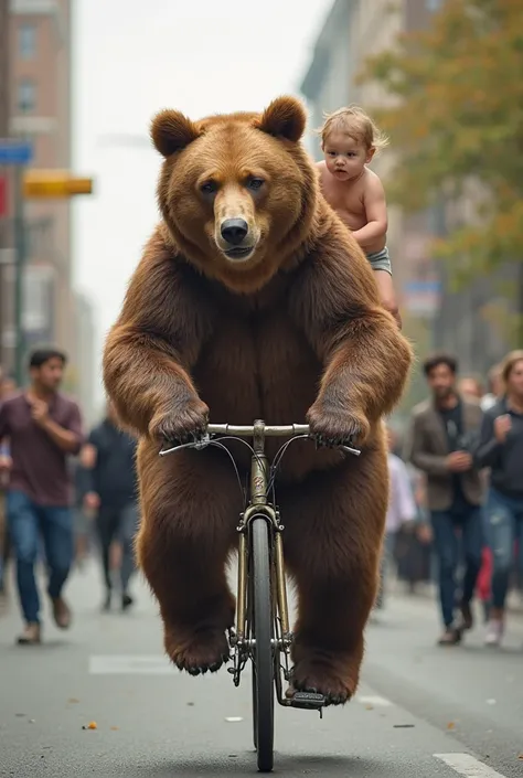 “Journalistic style photo: a huge realistic bear pedals an old bicycle through the streets of a modern city. Behind him, A cute baby,  wearing just a diaper , you are sitting on your back, admiring the urban movement. The image captures the surprise of the...