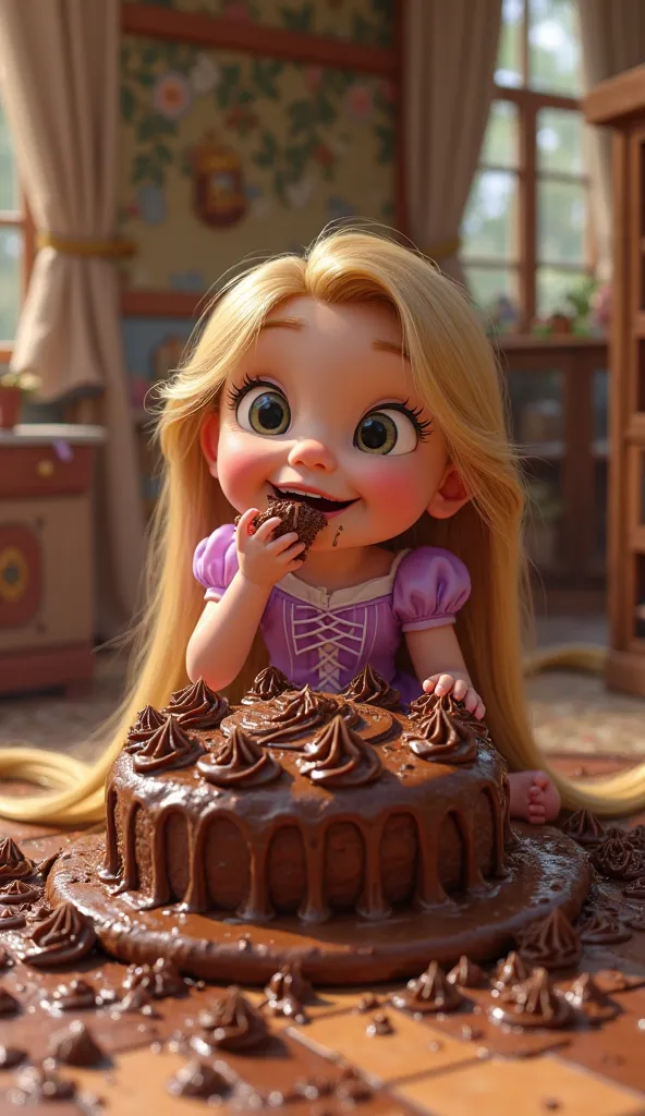 Disney Pixar style character Rapunzel baby eating a big chocolate cake house scenario