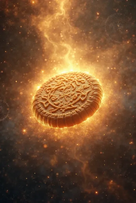 cookie shrouded in a golden aura against the background of space. A beautiful rosy. High quality in 4K. High detail.