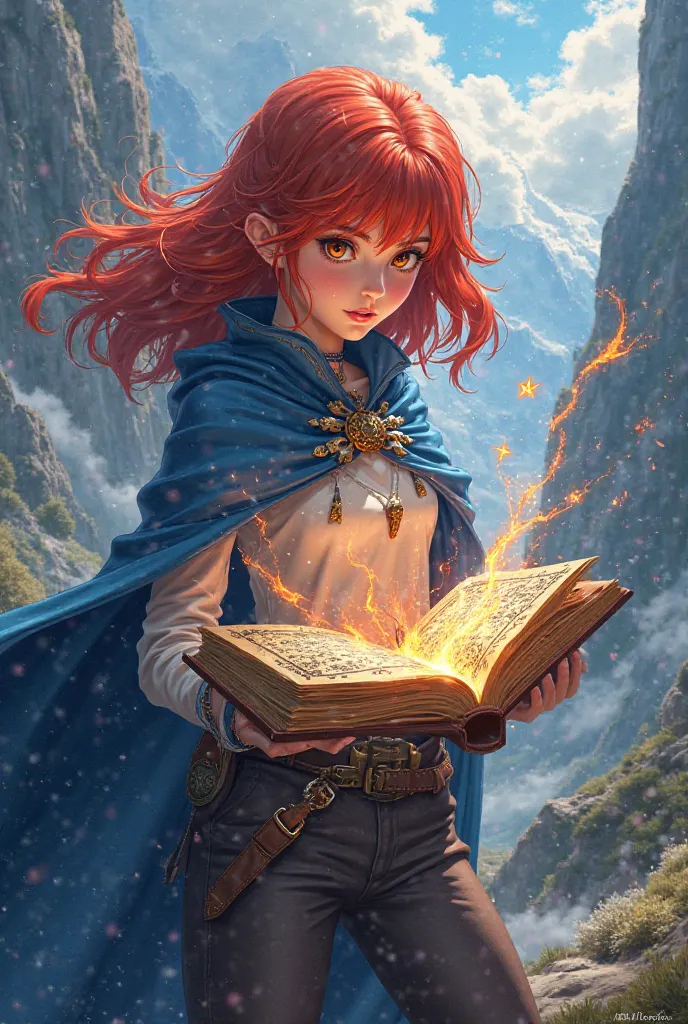 A fantasy cover that in the middle features a red-haired girl with a cape like the ones in the anime Black Clover but in blue with a book from which magic comes out but that is realistic 