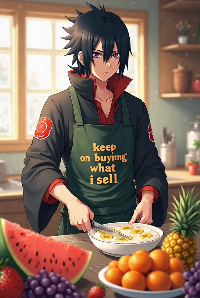 Itachi Uchiha is standing in a bright, cheerful kitchen filled with sunlight streaming through large windows. He's wearing his signature black akatsuki jacket with his sharingan eyes. His apron  reads "keep on buying what i sell😇" in bold letters, adding a...