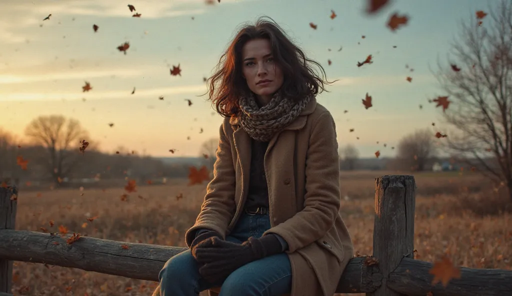 "A short woman with medium-length, wavy hair sits on a rustic wooden fence on a chilly evening. She is wearing a cozy coat and scarf, her hands curled up to keep warm. Dry leaves fall softly around her as the wind rustles her hair. The sky is a soft orange...