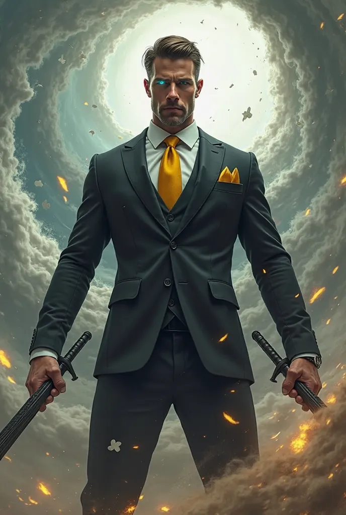 Tall and strong handsome man with brown hair in a black suit wearing a white shirt with a yellow tie with two swords wrapped in wind in combat posture with glowing blue eyes