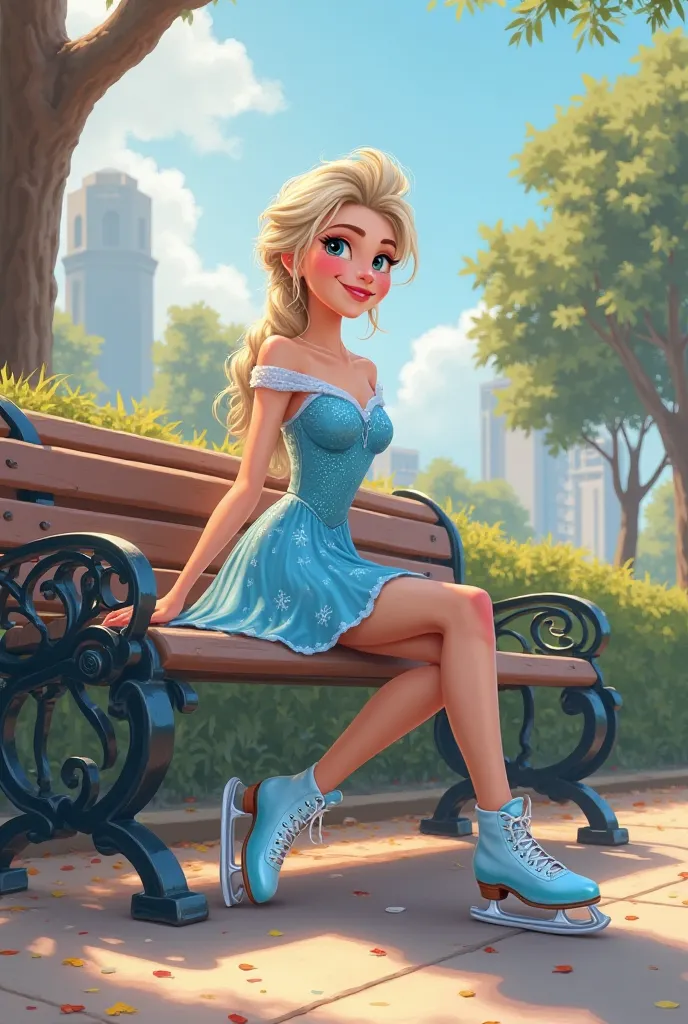 Tip: A very lovely Elsa from FROZEN being happy alone on a park bench in Downtown San Diego in the sun… The illustration is a high definition illustration with 4k resolution., with highly detailed facial features and cartoon style visuals, light blue figur...