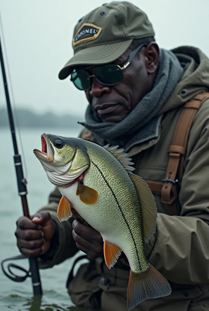 could you creat an imagen where a fisherman catches a fish, this fish has a human face, its face is the one  of a black person? make the image after the fiserhamn just catches this fish with human face