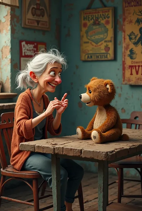 A tavern  ,A drunken old woman  , vêtements en lambeaux ,  torn, , Funny Pixar humor full body talking with a disheveled little teddy bear 