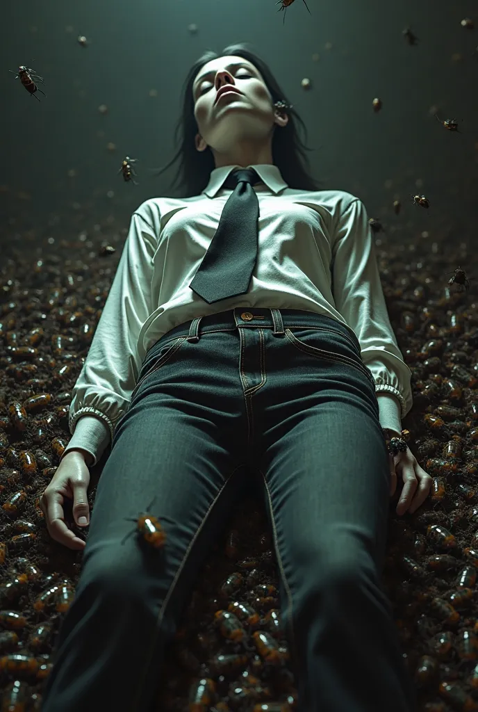 Several cockroaches run through the dark brown jeans of a dead woman wearing a white shirt and black tie.. 