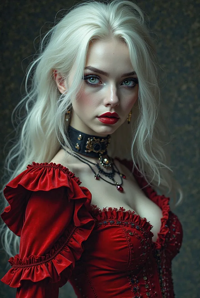 A white haired, white eyed cybergoth woman, in a red velvet victorian style outfit. 