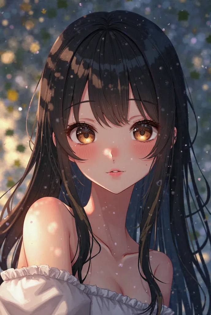 Create a Japanese anime-style character, brown eyes, super long black hair with blond and bangs, light pink lips, calm look, subtle light pink blush.