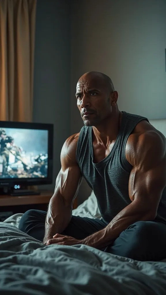 The Rock sitting on his modern bed, sweaty and wide-eyed. In the nightstand , a digital clock shows 3 sweaty, wide-eyed: 00 in the morning . Next to him, a TV on playing scenes from a World War II movie."

