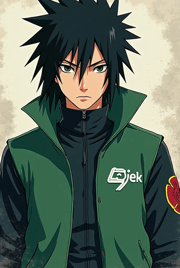 Sasuke Uchiha wears a green jacket inscribed GOJEK,staring ahead with a serious face.Illustration Image