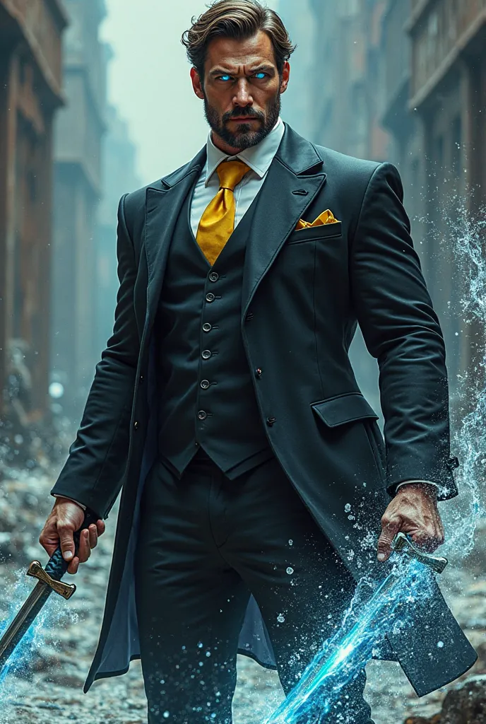 Tall and strong handsome man with brown hair in a black suit wearing a white shirt with a yellow tie with two swords wrapped in water in combat posture with glowing blue eyes