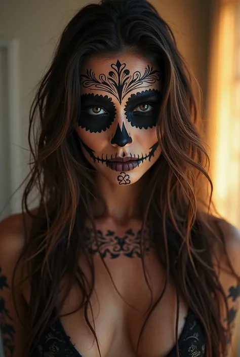 woman with sugar skull face paint, wet long brunette hair in dramatic backlight shoot。No correction。bath。
