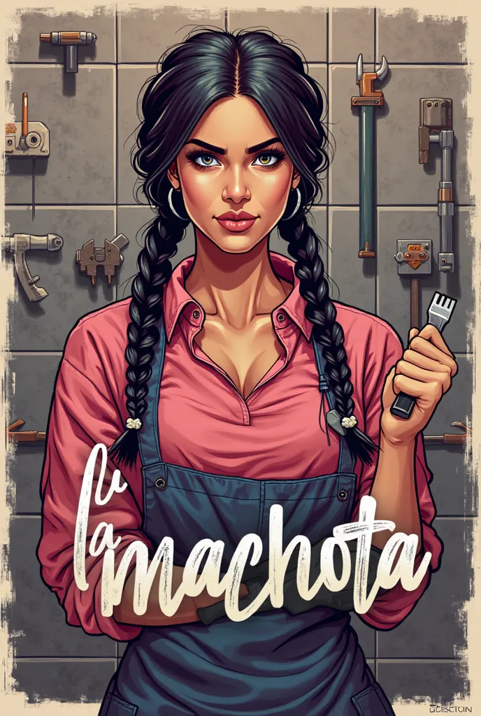 Make me a logo with the name “La Machota” as the cover, with a woman behind her with two pigtails of braids and a machota in her hand, wearing a pink jumpsuit and showing tiles and tools behind