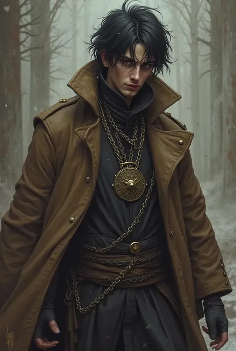 A male occultist aged 26 with a height of 1'80 with black hair with black hair and messy has black eyes and wears a brown overcoat and has a medallion around his neck and uses a chain as an attack weapon