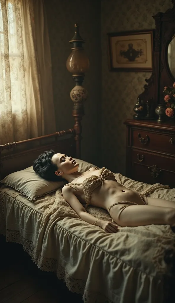 "An ultra HD, eerie and unsettling vintage scene from the early 20th century. A dimly lit, old-fashioned bedroom with a faint glow from a vintage oil lamp casting long shadows. In the center of the room, a preserved figure of a woman lies on a carefully ar...