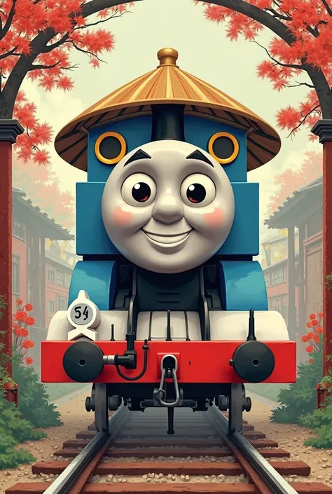 Thomas the tank engine with a Chinese face and a Japanese farmer's hat