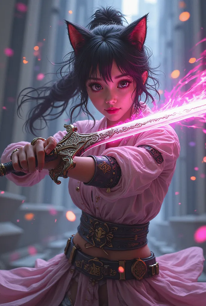 Cyberpunk animation style. A girl with cat ears. She is the best swordsman in the kingdom. Her Long runic,ornamental glows a pale pink when she attacks, a mystical slash. She holds her sword with a confident expression. Very low angle shot. Dynamic pose. t...