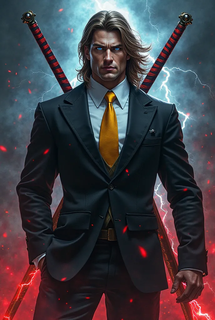 Tall and strong handsome man with brown hair in a black suit wearing a white shirt with a yellow tie with two swords wrapped in red black lightning combat posture with glowing blue eyes