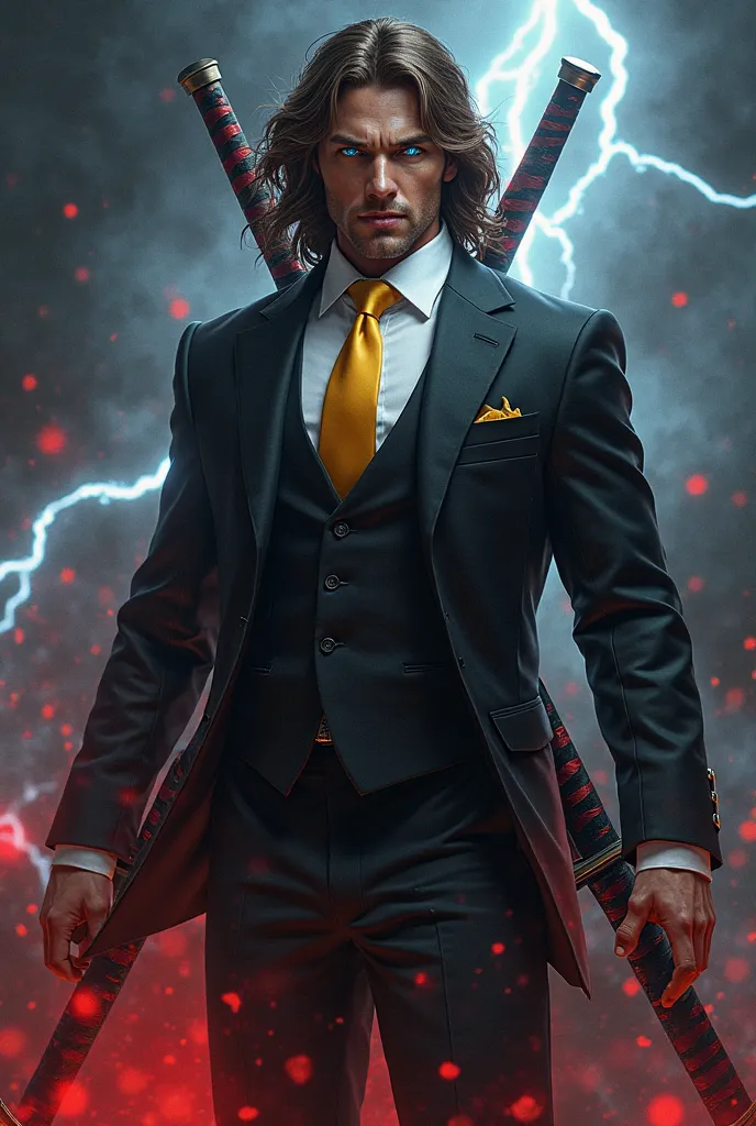 Tall and strong handsome man with brown hair in a black suit wearing a white shirt with a yellow tie with two swords wrapped in red black lightning combat posture with glowing blue eyes