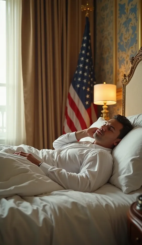 first perosn POV shot of Volodymyr Zelenskyy waking up on a luxurious bed inside a high-security hotel suite in Washington, D.C. Sunlight filters through the heavy curtains. A gold-trimmed bedside clock reads 6:30 AM. A ringing phone vibrates on the marble...