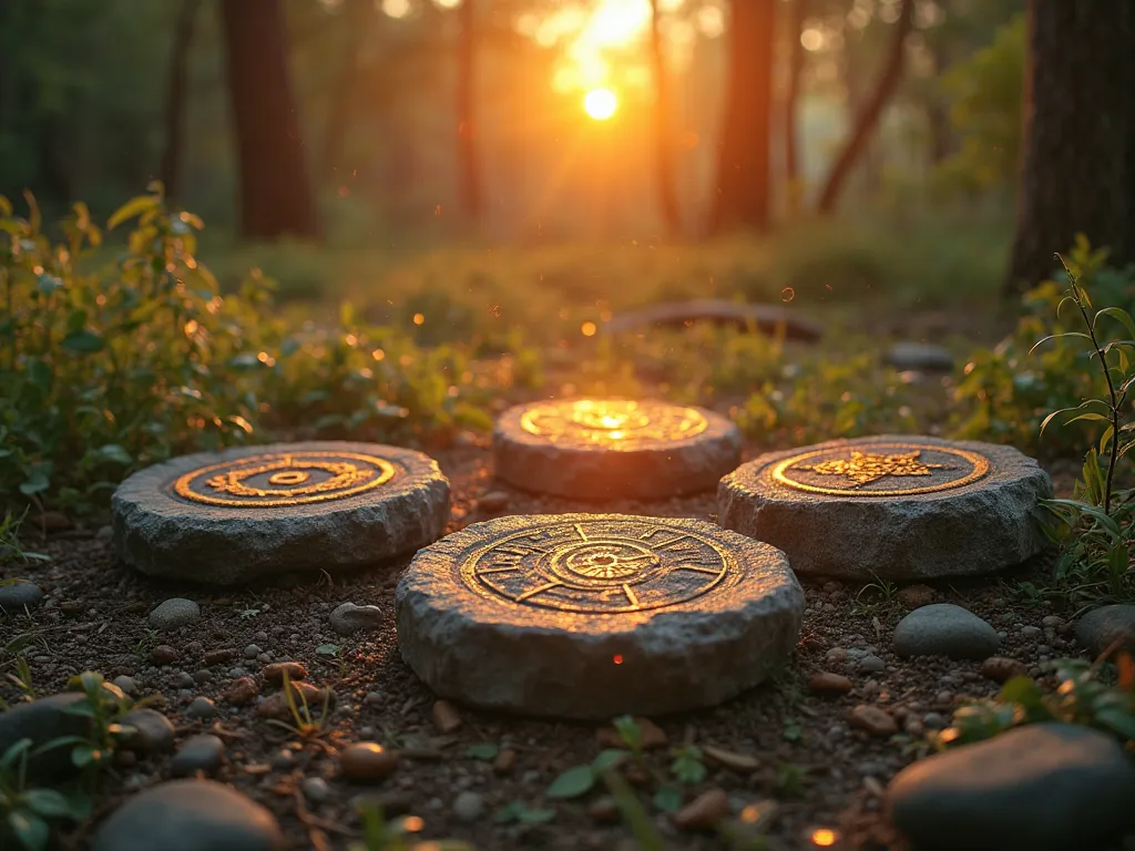 Amidst the clearing illuminated by the rising sun, she found four circular stones, arranged in perfect alignment. Each stone was engraved with ancient symbols representing the elements: Earth, water, fire and air.  at that moment , the environment was fill...