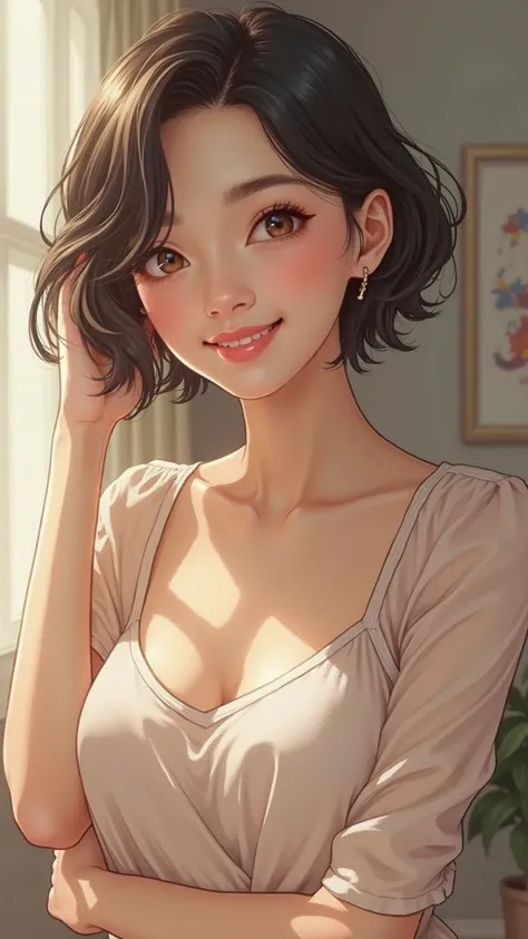 1 girl, solo, Hi-Res, chest, smiles, has won numerous awards, Hi-Res, Highest quality,  Hair, shortcut from elbow to hand, chest, イヤリング, 足をフレーム外へ, 足が細い、クビレ、腰が細い