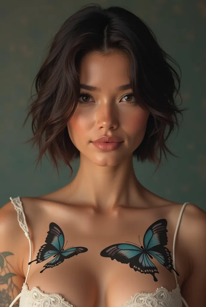 A 19-year-old white woman weighing 60 kg and 1,58 tall, beautiful, ultra realistic with the face of a Brazilian with short black hair with a large butterfly tattoo on her breasts 