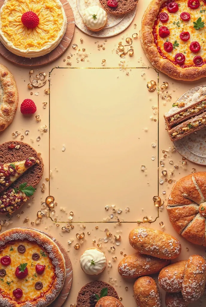 Pastry advertising poster, The logo is PâtisserieChez Christelle, avec les images de cake, pizza, Filled bread, madeleines quiche