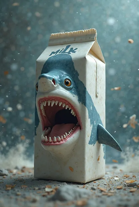 A milk pack with a realistic shark's head 