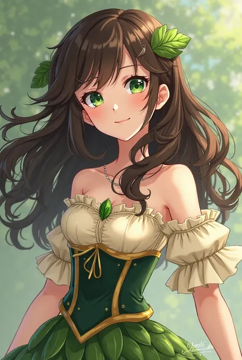 The face of a beautiful girl with wavy dark brown hair and green eyes, she's wearing her hero costume, a nature-inspired outfit has a green and cream color scheme with a leaf-like layered skirt, resembling wind-blown petals. The off-shoulder cream blouse h...