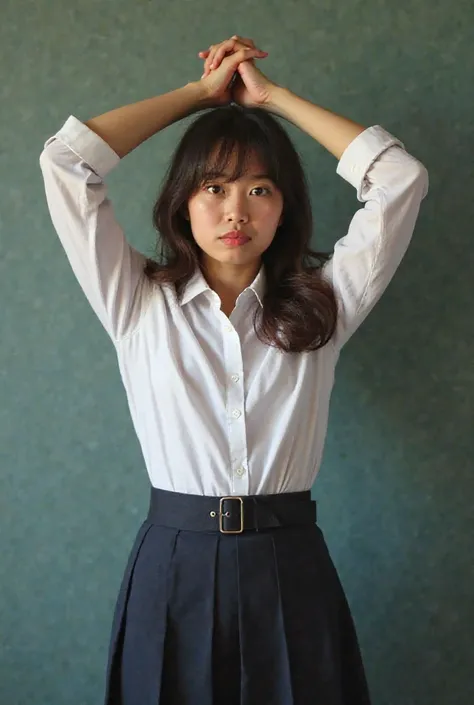  Thai female student, . end wearing a school uniform, .Thai end( a narrow skirt, a shirt tucked into the skirt, a belt ) was punished by having to put her hands together above her head and sit up for being late.

