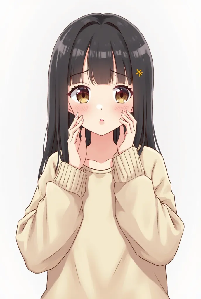 Create a Japanese anime-style character, brown eyes, super long black hair at the root with blond and bangs, light pink lips, calm look, light pink blush, subtle that its background is white, loose sweatshirt clothing, comfortable beige color, hand on the ...