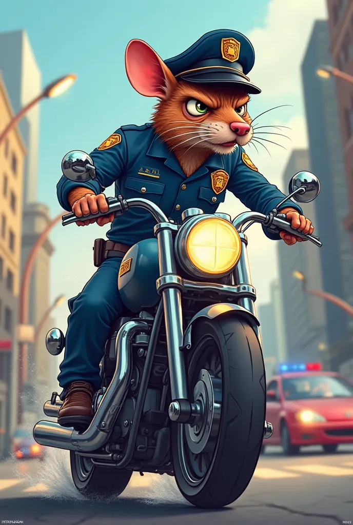 Cartoon of an angry police rat on a motorcycle in profile