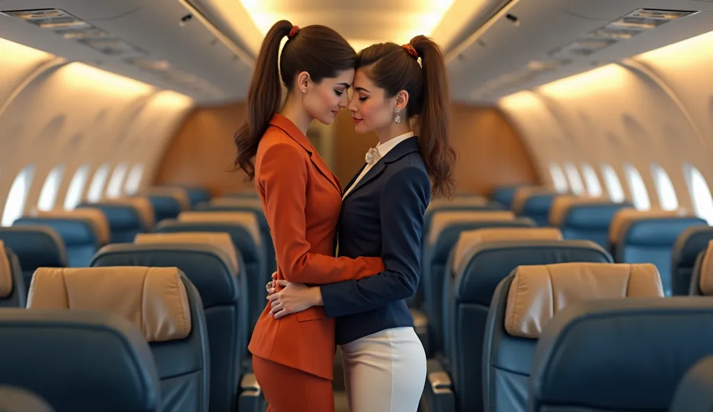 Two elegant and glamorous female flight attendants sharing a tender kiss in the luxurious cabin of an airplane. One wears a stylish burnt-orange suit, while the other is dressed in a navy blue uniform with a white pencil skirt. They embrace softly, conveyi...