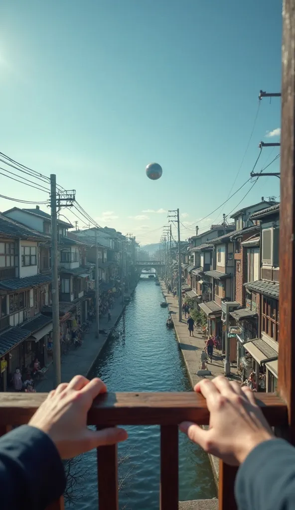 Ultra-realistic first-person image of someone standing on the balcony of a house in Hiroshima, 1945, observing a small dot in the sky that is rapidly approaching. The hands hold the wooden railing tightly, showing tension . The city below follows its norma...