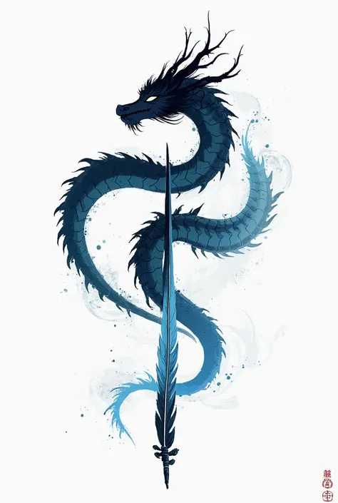 Draw me calligraphy of a dragon with its eyes closed wrapped around a quill with 2 blue and black tones on a white background