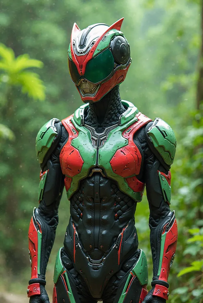 Make kamen rider future with combination red, black, white and green. Small flag palestine at  forehead, green background